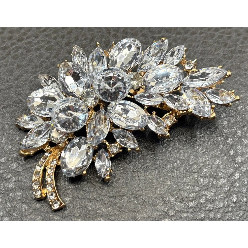 Vintage Clear Rhinestone Cluster Leaf Brooch Rivoli Marquise Crystal Gold Tone